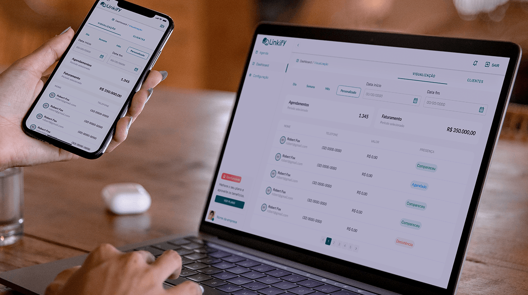 Dashboard Linkify no computador, com agendamentos e faturamento